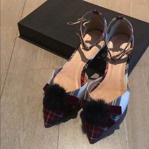 J.Crew Sadie pom-pom ankle-strap flats in tartan
